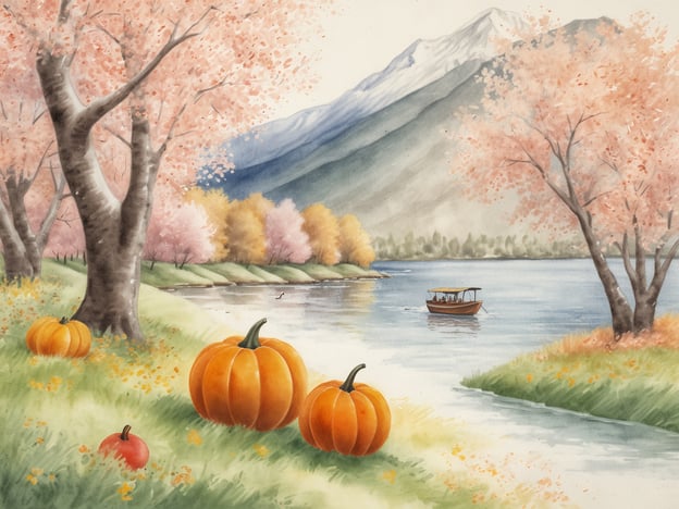 Auf dem Bild ist eine malerische Landschaft zu sehen, die von sanften Hügeln, einem ruhigen Gewässer und herbstlichen Farben geprägt ist.**Aktivitäten für jede Jahreszeit:**- **Frühling:** Blumen pflücken und die Natur beim Blühen beobachten.- **Sommer:** Bootfahren auf dem klaren Wasser und Picknicks im Grünen.- **Herbst:** Kürbisse ernten und laue Spaziergänge durch die bunten Blätter machen.- **Winter:** Schnee-Spaziergänge in der Berglandschaft oder Schneemann bauen (obwohl hier keine Schneeszenen abgebildet sind).Diese Landschaft strahlt eine entspannte Jahreszeitenvielfalt aus!