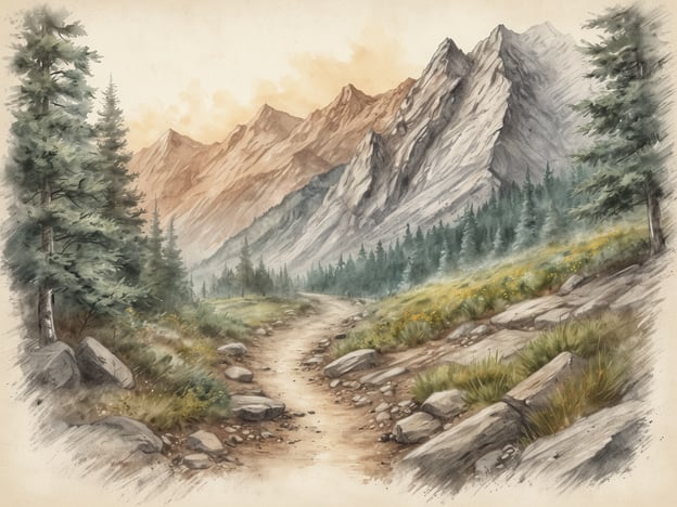 Auf dem Bild ist eine malerische Berglandschaft mit einem gewundenen Wanderweg zu sehen, der durch eine bewaldete Umgebung führt. Die umliegenden Berge sind majestätisch und die Farben deuten auf eine ruhige Dämmerung hin.Hier sind Wanderrouten für jeden Schwierigkeitsgrad:1. **Leichte Wanderung**: Ein einfacher Rundweg durch die Wälder, ideal für Familien mit Kindern. Dieser Weg könnte flach und gut markiert sein, vielleicht entlang eines Baches oder mit Aussichten auf die sanften Hügel.2. **Mittelschwere Wanderung**: Ein moderater Pfad, der etwas steiler ist und einige klare Ausblicke auf die umliegenden Berge bietet. Hier könnte der Wanderer ein wenig Klettern und einige Wurzeln oder Steine überwinden müssen.3. **Schwere Wanderung**: Eine anspruchsvolle Route, die die Wanderer in Höhenlagen führt, möglicherweise mit steilen Anstiegen und felsigen Terrain. Sie erfordert gute Kondition und Erfahrung, bietet dafür aber atemberaubende Panoramaausblicke auf die gesamte Berglandschaft.Diese verschiedenen Schwierigkeitsgrade würden es Wanderern ermöglichen, die Schönheit der Natur in der gezeigten Landschaft zu genießen, unabhängig von ihrem Fitnesslevel.