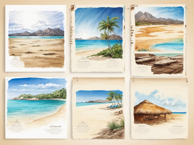 Auf dem Bild sind verschiedene Illustrationen von Stränden zu sehen, die an die Kanarischen Inseln erinnern. Hier sind fünf der schönsten Strände auf den Kanaren:1. **Playa de las Teresitas** (Teneriffa) - Ein malerischer Strand mit goldenem Sand und Palmen, ideal für Entspannung.2. **Playa de Sotavento** (Fuerteventura) - Bekannt für seine riesigen Sanddünen und das glasklare Wasser, perfekt für Windsurfer und Kitesurfer.3. **Playa de Papagayo** (Lanzarote) - Ein einsamer, unberührter Strand mit kristallklarem Wasser, umgeben von beeindruckenden Klippen.4. **Playa del Matorral** (Fuerteventura) - Ein langer, schöner Strand mit feinem Sand und einem Leuchtturm, ideal für entspannende Spaziergänge.5. **Playa de la Cancajos** (La Palma) - Ein ruhiger Strand mit schwarzem Sand und vielen Möglichkeiten zum Schnorcheln.Jeder dieser Strände hat seinen eigenen Charme und bietet einzigartige Erlebnisse für Besucher.