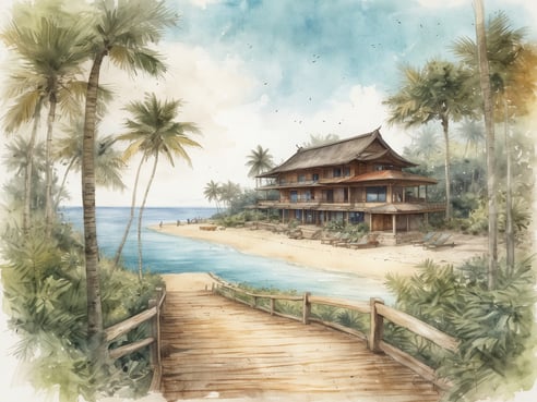 Eine malerische Ansicht des Centara Son Dae Beach Resort & Spa in Phu Quoc, Vietnam. Das Bild zeigt ein stilvolles, mehrstöckiges Resortgebäude mit einem traditionell asiatischen Dach und großen Fenstern, umgeben von tropischen Palmen und üppigem Grün. Im Vordergrund führt eine Holzbrücke über das ruhige Wasser zu einem sanften Sandstrand. Personen sind am Strand zu sehen, und die Szene wird von einem klaren blauen Himmel und sanften Wolken ergänzt, die eine entspannte Urlaubsstimmung vermitteln.