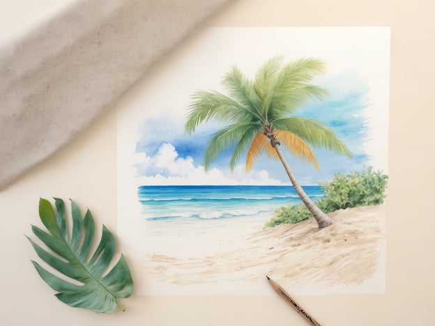 Auf dem Bild ist eine malerische Darstellung eines tropischen Strandes zu sehen. Im Vordergrund steht eine Palme, die typisch für viele Karibikinseln ist, wie beispielsweise die Bahamas oder Barbados. Der weiße Sandstrand und das klarblaue Wasser vermitteln ein Gefühl von Ruhe und Entspannung, was man oft auf den Inseln der Südsee, wie den Malediven, findet.Der Himmel ist hellblau mit einigen wolkenreichen Stellen, was typisch für tropische Klimazonen ist. Die üppige Vegetation am Strand deutet auf ein subtropisches Umfeld hin, das man ebenfalls auf Inseln wie Hawaii oder in der Südsee sieht. Die Gesamtatmosphäre des Bildes spiegelt die Schönheit und die Idylle wider, die viele dieser Inseln bieten.