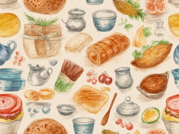 Auf dem Bild sind verschiedene kulinarische Elemente zu sehen, die eine Vielzahl von Lebensmitteln und Küchenutensilien darstellen. Zu den kulinarischen Highlights im März zählen zum Beispiel:1. **Saisonale Obstsorten**: Im März beginnen frische Früchte wie Rhabarber und frühe Erdbeeren verfügbar zu sein.2. **Frühling Gemüse**: Spargel und junge Kartoffeln sind ebenfalls in dieser Zeit beliebt.3. **Brot**: Verschiedene Brotsorten, die perfekt für das Frühstück oder als Beilage zu den Frühjahrsgerichten geeignet sind.4. **Tee und Kräuter**: Die Nutzung von frischen Kräutern und Tee kann die Frühlingsküche bereichern.Das Bild illustriert diese verschiedenen Genussmittel und gibt einen schönen Überblick über die Vielfalt der Kulinarik im März.