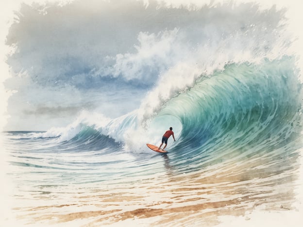 Auf dem Bild ist ein Surfer zu sehen, der eine große Welle reitet. Die Szene vermittelt ein Gefühl von Bewegung und Freiheit. Die Welle ist majestätisch und schäumt an den Rändern, während der Surfer im Wasser steht und in die Welle eintaucht.
**Anfänger:** Anfänger müssen lernen, den richtigen Zeitpunkt zum Paddeln und Stehen auf dem Board zu finden, um die Welle zu erwischen. Es ist wichtig, das Gleichgewicht zu halten und die Welle zu respektieren.
**Fortgeschrittene:** Fortgeschrittene Surfer können verschiedene Manöver ausprobieren, wie zum Beispiel Turns oder das Fahren an der Wellenkante. Sie sollten auch die Wellenmuster und Strömungen gut verstehen, um sicher und effektiv zu surfen.
**Profis:** Professionelle Surfer meistern anspruchsvolle Techniken und haben die Fähigkeit, die Welle zu lesen und in verschiedenen Bedingungen zu surfen. Sie können Tricks und Sprünge einbauen und dabei den höchsten Grad an Kontrolle und Stil zeigen.