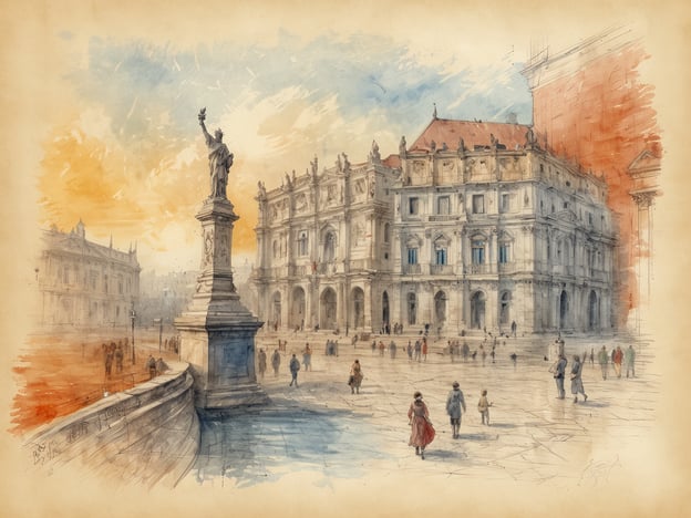 Auf dem Bild ist eine malerische Darstellung eines Platzes mit historischen Gebäuden und einer Statue zu sehen. Die Architektur ist vermutlich im klassischen Stil gehalten, und die Szene vermittelt eine gewisse zeitlose Atmosphäre.Die Senatsverwaltung für Kultur und Europa spielt eine wichtige Rolle bei der Erhaltung und Förderung solcher kultureller Erbes. Sie setzt sich dafür ein, dass historische Stätten nicht nur bewahrt, sondern auch ins Bewusstsein der Öffentlichkeit gerückt werden. Dies geschieht durch Veranstaltungen, Bildungsprogramme und Förderungen, um das kulturelle Erbe in seiner Vielfalt zu stärken und zugänglich zu machen.