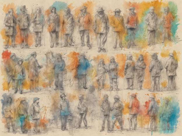 Auf dem Bild sind Skizzen von mehreren Figuren zu sehen, die in verschiedenen Posen stehen oder miteinander interagieren. Die Figuren scheinen in einer Art urbaner Umgebung oder in einem sozialen Kontext dargestellt zu sein. Es handelt sich um schemenhafte Zeichnungen, bei denen die Gesichter und Details grob gehalten sind, während die Hintergrundfarbe in lebhaften Orange- und Blautönen gestaltet ist, die eine dynamische Atmosphäre schaffen.Der Blick auf die Künstler und deren Line-ups könnte darauf hinweisen, dass diese Skizzen Teil einer Sammlung oder Studie sind, die unterschiedliche Menschengruppen oder soziale Interaktionen untersucht. Möglicherweise stehen die Figuren symbolisch für verschiedene Charaktere in einem größeren narrativen Konzept.