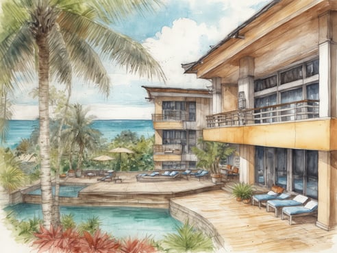 Eine aquarellartige Darstellung des Centara Sandy Bay Resort & Spa in Phuket, Thailand. Die Darstellung zeigt moderne Gebäude mit großen Fenstern und Balkonen, umgeben von tropischer Vegetation. Im Vordergrund sind Sonnenschirme und Liegen am Poolbereich zu sehen, der sich harmonisch in die Landschaft einfügt. Im Hintergrund erstreckt sich das blaue Meer unter einem hellen Himmel mit wenigen Wolken.