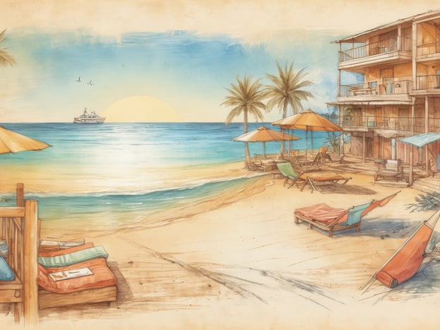Auf dem Bild ist ein karibisch anmutender Strand zu sehen. Der Strand ist mit bequemen Liegen und Sonnenschirmen ausgestattet, die einen perfekten Ort zum Entspannen bieten. Im Hintergrund erkennt man ein charmantes Hotel oder eine Unterkunft, die Gästen Unterkunft und einen fantastischen Blick auf das Meer bietet.Aktivitäten, die man hier genießen könnte, sind das Sonnenbaden auf den Liegen, Schwimmen im glitzernden Wasser und möglicherweise Wassersportarten wie Schnorcheln oder Kajakfahren. Auch das Beobachten von Yachtfahrten auf dem Meer könnte eine angenehme Beschäftigung sein. Die Palmen und der Sonnenuntergang verleihen der Szene eine entspannende Atmosphäre, ideal für einen Urlaubstrip.