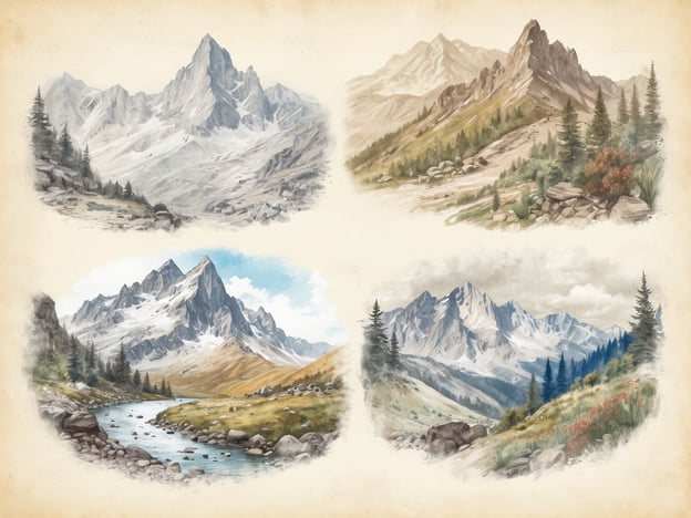 Auf dem Bild sind vier verschiedene Berglandschaften zu sehen. Jede Szene zeigt majestätische Berge, die sich durch ihre hohe Erhebung und zerklüfteten Felsen zeichnen. Um die Berge herum befinden sich immergrüne Nadelwälder, die typisch für die alpine Flora sind.
In der unteren linken Ecke fließt ein klarer Gebirgsfluss durch die Landschaft, begleitet von grasbewachsenen Uferbereichen. Hier könnte man Pflanzen wie den Edelweiß oder alpine Enziane finden, die in diesen Höhenlagen gedeihen. Die unterschiedlichen Szenen repräsentieren die Vielfalt der Flora und Fauna in den europäischen Bergen, von schneebedeckten Gipfeln bis hin zu blühenden Wiesen in der alpinen Region.