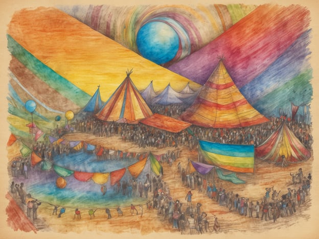Auf dem Bild ist eine lebhafte Festival-Szene zu sehen, die an besondere und kreative Veranstaltungen abseits des Mainstreams erinnert. Die bunten Zelte und Girlanden schaffen eine fröhliche Atmosphäre, die an Festivals wie das "Burning Man" in Nevada oder das "Rainbow Gathering" denken lässt.Diese Art von Festivals betont oft Gemeinschaft, Selbstverwirklichung und kreative Ausdrucksformen. Man könnte auch an interaktive Events wie das "Portland Adult Soapbox Derby" oder das "Kites Over Lake Michigan" denken, bei denen die Verbindung zur Natur und einer alternativen Kultur im Mittelpunkt steht. Die Menschen auf dem Bild scheinen in einer harmonischen, individuellen und bunten Feier vereint zu sein.