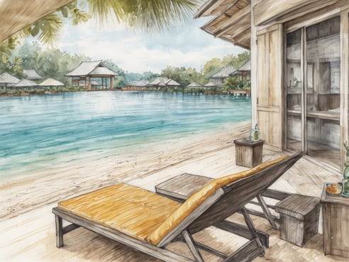 Ein gemütlicher Liegestuhl mit gelbem Kissen steht am Rand eines ruhigen Wassers, das sanft in verschiedenen Blau- und Grüntönen schimmert. Im Hintergrund sind Bungalows mit schattigen Dächern und Palmen zu sehen, die eine tropische Atmosphäre vermitteln. Der Holzsteg führt direkt zu dem Wasser und ist umgeben von einer malerischen Landschaft. Der Ort strahlt eine ruhige und entspannende Urlaubsstimmung aus.