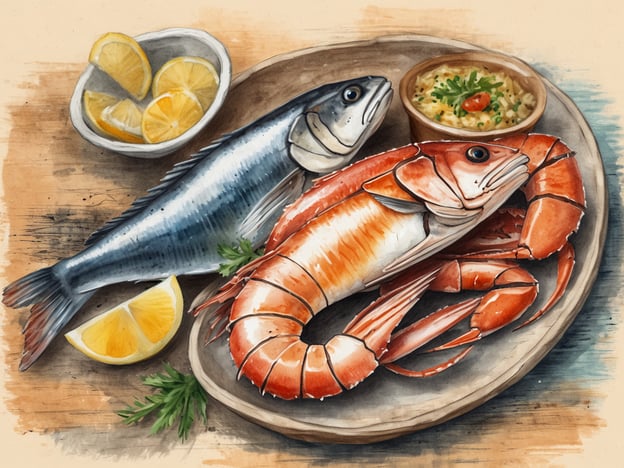 Auf dem Bild sind verschiedene Meeresfrüchte zu sehen, darunter Fische und eine Art von Krustentier. Diese Gerichte sind kulinarische Highlights an den Küsten, beispielsweise:1. **Frischer Fisch**: An vielen Küstenorten wird frischer Fisch direkt vom Markt oder aus den Gewässern zubereitet, oft gegrillt oder gebraten und mit Zitrone serviert.2. **Krustentiere**: Garnelen oder Hummer sind beliebte Spezialitäten, die reich an Geschmack sind und oft mit Knoblauchbutter oder in verschiedenen Saucen serviert werden.3. **Beilagen**: Dazu kommt häufig eine einfache Beilage wie Reis oder ein frischer Salat, perfekt abgestimmt auf die Aromen der Meeresfrüchte.Diese Gerichte spiegeln die Frische und Vielfalt der Küstenküche wider.