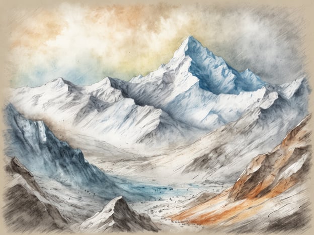 Auf dem Bild ist eine beeindruckende Berglandschaft zu sehen, die verschiedene technische Herausforderungen beim Bergsteigen symbolisieren kann. Der hohe Gipfel, der schneebedeckt ist, stellt die Gefahren von Lawinen und steilen Abstiegen dar. Die schroffe Geländeform und die unebene Oberflächenstruktur verdeutlichen das Erfordernis von sicherem Klettern und der richtigen Ausrüstung.Das wechselhafte Wetter mit den Wolkenständen und der fahlen Beleuchtung kann die Improvisation und Anpassung der Bergsteiger an schwierige Bedingungen symbolisieren. Auch die Höhenkrankheit, die durch die große Höhe hervorgerufen wird, ist eine weitere Herausforderung, die bei solchen Besteigungen beachtet werden muss.Insgesamt spiegelt die Szenerie die Schönheit und gleichzeitig die Gefahren wider, die das Bergsteigen mit sich bringt.