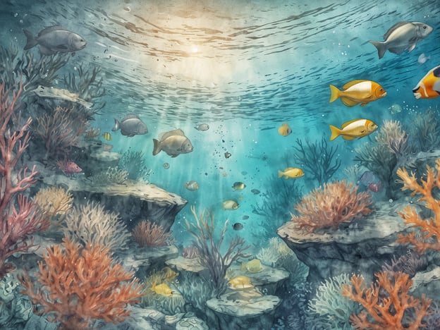 Auf dem Bild ist eine faszinierende Unterwasserwelt zu sehen. Verschiedene Fische schwimmen zwischen bunten Korallen und majestätischen Steinen. Die Lichtstrahlen durchdringen das Wasser und schaffen eine stimmungsvolle Atmosphäre. Diese farbenfrohe Szene lädt dazu ein, die Schönheit und Vielfalt des Meereslebens zu entdecken.