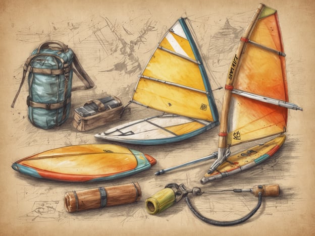 Auf dem Bild sind verschiedene Ausrüstungsgegenstände für ein Windsurf-Abenteuer zu sehen. Dazu gehören:1. **Windsurfbretter**: Zwei farbenfrohe Bretter, die für das Windsurfen verwendet werden.2. **Segel**: Die Segel sind ebenfalls farbenfroh und speziell für die Windsurf-Bretter konzipiert.3. **Rucksack**: Ein geeigneter Rucksack, um die Ausrüstung zu transportieren.4. **Wekzeugkoffer**: Ein Koffer, der für die Aufbewahrung von Werkzeugen und anderen wichtigen Utensilien dient.5. **Luftpumpe**: Ein Gerät, um die Segel vor dem Einsatz aufzupumpen.6. **Rolle**: Möglicherweise eine Rolle für die Befestigung oder Transportierung.All diese Gegenstände sind entscheidend, um gut vorbereitet in ein Windsurf-Abenteuer zu starten.