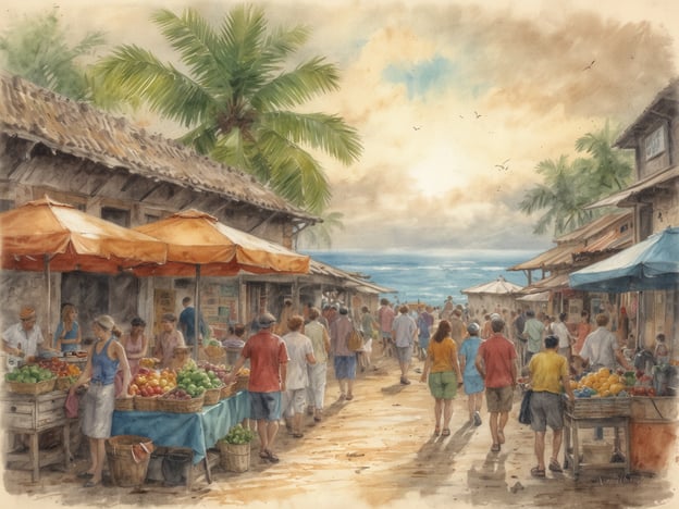 Auf dem Bild ist eine lebhafte Marktszene zu sehen, die an einem sonnigen Tag an einem Küstendorf spielt. Die Atmosphäre ist einladend, mit bunten Ständen, die frisches Obst und Gemüse präsentieren, und Menschen, die sich unterhalten und einkaufen. Palmen und ein Ausblick auf das Meer im Hintergrund verleihen der Szene eine tropische Note.Märkte in solchen Regionen sind oft ein zentraler Bestandteil der lokalen Kultur und Geschichte. Sie sind nicht nur Orte des Handels, sondern auch soziale Räume, in denen Gemeinschaften zusammenkommen, um sich auszutauschen und ihre Traditionen zu pflegen. Hier wird die lokale Landwirtschaft gefeiert, und es werden typischerweise auch regionale Spezialitäten angeboten. Solche Märkte sind oft ein Ausdruck der kulturellen Identität und spiegeln die Vielfalt der Produkte wider, die durch das Klima und die Geschichte der Insel geprägt sind. Sie bieten Einblick in die Lebensweise der Menschen, ihre Bräuche und den Einfluss der Natur auf ihren Alltag.