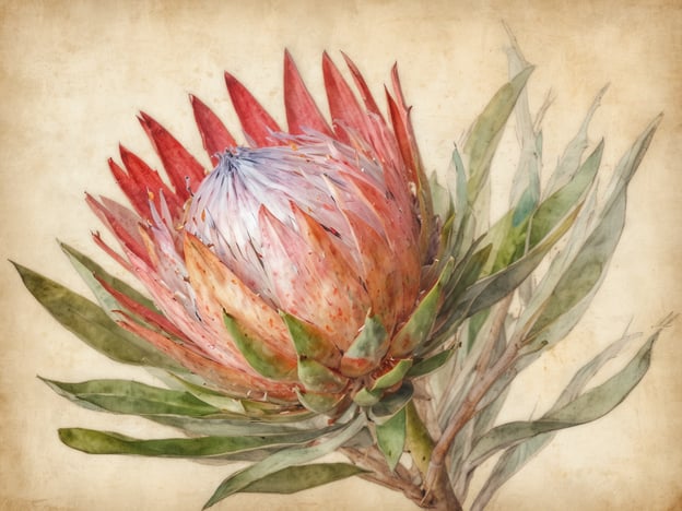 Auf dem Bild ist eine Protea zu sehen, eine auffällige Blütenpflanze, die vor allem in Südafrika verbreitet ist. Die Protea hat in Kunst und Kultur eine bedeutende Rolle, da sie oft für ihre beeindruckende Schönheit und Einzigartigkeit geschätzt wird.In vielen Kulturen wird die Protea als Symbol für Veränderung und Neubeginn interpretiert. Künstler haben diese Pflanze häufig in Malerei und Fotografie verwendet, um ihre komplexen Formen und Farben darzustellen. In der südafrikanischen Kultur ist die Protea auch das Nationalblumenemblem und steht für nationale Identität und Stolz. Ihre Verwendung in dekorativen Kunstwerken und Textilien spiegelt die Verbindung zur Natur und die kulturelle Bedeutung wider.