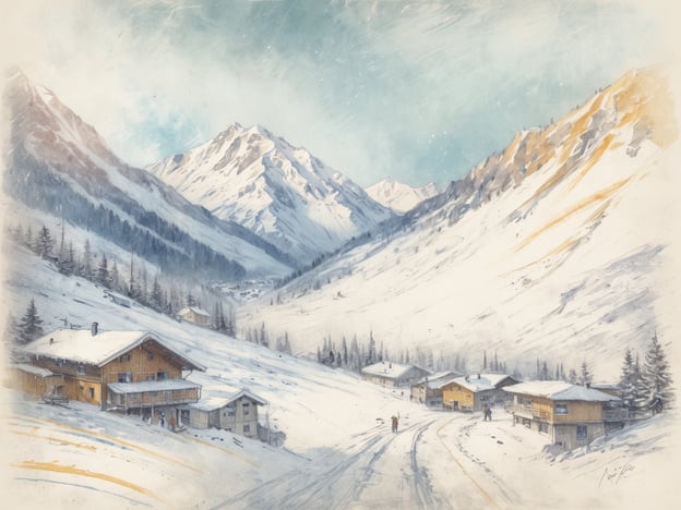 Eine malerische Winterlandschaft in Kirchberg in Tirol ist zu sehen, mit schneebedeckten Bergen im Hintergrund und mehreren traditionellen Chalets im Vordergrund. Der Himmel hat einen sanften blauen Farbton, während die Umgebung von verschneiten Bäumen umgeben ist. Eine Straße schlängelt sich durch die Szene, und einige Personen sind unterwegs. Diese idyllische Darstellung spiegelt die abwechslungsreichen Pisten und die lebendige Après-Ski Szene der Region wider.