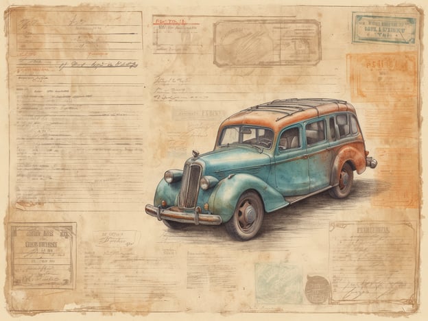 Auf dem Bild ist ein altmodisches Auto zu sehen, das eine auffällige, zweifarbige Lackierung in Blau und Orange hat. Im Hintergrund befinden sich verschiedene Dokumente und Briefe, die eine nostalgische Atmosphäre vermitteln.Ein Internationaler Führerschein ist ein Dokument, das es Autofahrern ermöglicht, in anderen Ländern legal zu fahren. Er wird häufig in Verbindung mit einem nationalen Führerschein benötigt und enthält Informationen über den Fahrer in mehreren Sprachen. Er ist besonders nützlich, wenn man in einem Land unterwegs ist, in dem die Gebiets- oder Verkehrsvorschriften vom eigenem Heimatland abweichen.
