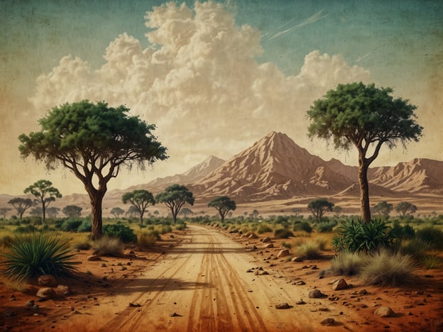 Auf dem Bild ist eine landschaftliche Szenerie aus einer trockenen, wüstenähnlichen Region zu sehen, die durch charakteristische Bäume und eine staubige Straße gekennzeichnet ist. Die Landschaft hat Anklänge an die typischen Merkmale Südafrikas, insbesondere in den trockeneren Gebieten, wo häufig Akazien und andere robuste Pflanzen wachsen.Das Klima in Südafrika variiert stark von Region zu Region. In den ariden Gebieten gibt es lange Trockenperioden mit intensiver Sonneneinstrahlung, was zu den mineralreichen, staubigen Böden führt, die hier abgebildet werden. Die Gebirgszüge im Hintergrund könnten auf die südafrikanische Topografie hinweisen, wo Hochlandregionen das Landschaftsbild dominieren.Insgesamt vermittelt das Bild ein Gefühl für die rauen, aber gleichzeitig faszinierenden klimatischen Bedingungen, die das Leben in diesen Regionen prägen.