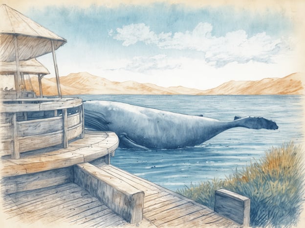 Auf dem Bild sieht man einen Wal, der an der Oberfläche eines Gewässers schwimmt, mit einer Holzplattform im Vordergrund. Diese Art von Szenerie ist typisch für die Garden Route in Südafrika, die bekannt für ihre atemberaubenden Landschaften und die Möglichkeit ist, Wale zu beobachten.Die beste Reisezeit für die Garden Route, insbesondere um Wale zu sehen, ist von Juni bis Dezember. In dieser Zeit kommen die Wale in die Gewässer vor der Küste, um ihre Jungen zur Welt zu bringen.