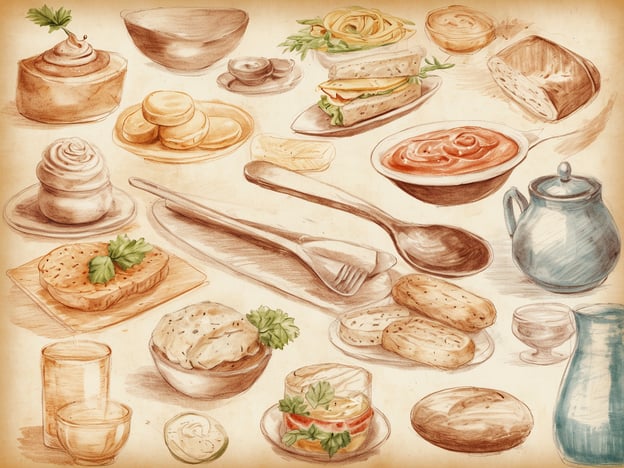Auf dem Bild sind verschiedene kulinarische Genüsse dargestellt. Man sieht eine Reihe von köstlichen Speisen und marinierten Gerichten, darunter:
- Cremige Desserts in Gläsern und Schalen
- Plätzchen und Kekse auf Tellern
- Ein Sandwich mit frischem Gemüse
- Nudeln, die kunstvoll angerichtet sind
- Eine Schüssel mit einer würzigen Soße
- Brotlaibe und verschiedene Aufstriche
Die Darstellung vermittelt ein Gefühl von Genuss und Vielfalt der Küche, perfekt für ein festliches Menü oder ein gemütliches Beisammensein.