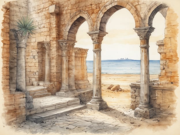 Auf dem Bild ist eine malerische Ansicht von alten, ruinösen Säulen und Mauern zu sehen, die an einem Strand mit Blick aufs Meer stehen. Die Säulen sind kunstvoll gestaltet und umgeben von einem warmen Farbton, der eine ruhige und nostalgische Atmosphäre schafft. Der Strand liegt ruhig im Vordergrund, während im Hintergrund eine kleine Insel zu sehen ist.
Für die dritte Woche deines Reiseplans könntest du folgende Aktivitäten einplanen:
1. **Besichtigung historischer Ruinen**: Besuche ähnliche Sites, um mehr über die Geschichte und Kultur der Region zu erfahren.
2. **Strandtage**: Nutze die Zeit, um zu entspannen und die Küstenlandschaft zu genießen.
3. **Kunst und Fotografie**: Halte die beeindruckenden Ausblicke und architektonischen Details fest.
4. **Lokale Küche probieren**: Suche nach Restaurants, die regionale Spezialitäten anbieten.
5. **Wanderungen**: Plane Wanderungen entlang der Küste oder in der Nähe der Ruinen, um die Natur zu erkunden.