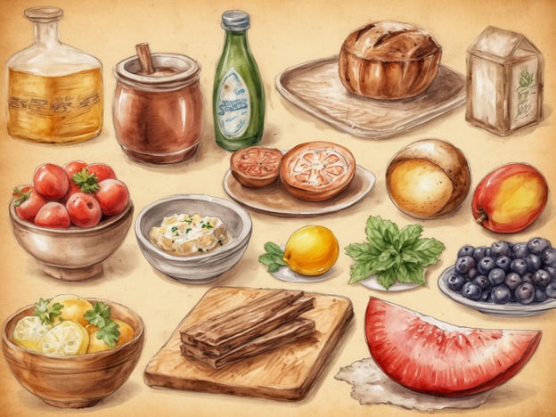 Auf dem Bild sind verschiedene Lebensmittel und Zutaten zu sehen, die vielfältige kulinarische Möglichkeiten bieten. Zum Beispiel sieht man Tomaten, die oft in klassischen Gerichten wie Gazpacho oder Caprese-Salat verwendet werden.
Die Zitrone könnte für ein Zitronentörtchen oder frische Limonade genutzt werden. Der Brotteig könnte für ein Sauerteigbrot oder eine Focaccia stehen.
Die Beeren könnten in Desserts wie einer Heidelbeertorte oder einem Obstsalat verarbeitet werden. Auch die Kräuter, wie Minze, sind ideal für sommerliche Salate oder Cocktails.
Insgesamt bietet die Auswahl an Lebensmitteln eine tolle Grundlage für zahlreiche schmackhafte Spezialitäten aus der mediterranen oder europäischen Küche!