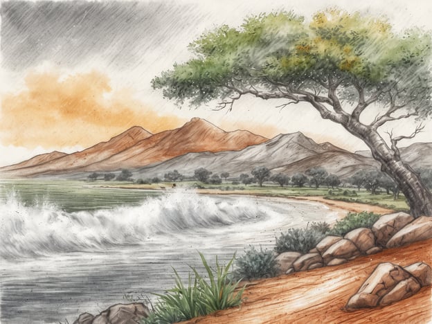 Auf dem Bild ist eine malerische Landschaft mit Bergen im Hintergrund, einem Fluss und einem geschwungenen Ufer zu sehen. Die betonte Bewölkung und der Fall von Regen deuten auf eine regenreiche Umgebung hin.
In Südafrika gibt es unterschiedliche Regenzeiten je nach Region:
- **Kapstadt und das Westkap**: Hier ist die Regenzeit von Mai bis August, und die Niederschläge sind meist intensiv, begleitet von kühleren Temperaturen.
- **Gauteng (Johannesburg, Pretoria)**: Diese Region hat eine Sommerregenzeit von November bis März, mit Gewittern und kurzen, starken Regenschauern.
- **KwaZulu-Natal**: Ähnlich wie Gauteng, erlebt diese Region Sommerregen, jedoch sind die Niederschläge hier häufig gleichmäßiger über die Monate verteilt.
- **Nordkap**: In dieser trockeneren Region findet die Regenzeit meist im Winter statt, also von Mai bis August, obwohl die Niederschläge hier generell geringer sind.
Das Bild könnte in einer dieser Regionen oder während der Regenzeit aus einer der genannten Zeiten festgehalten worden sein.