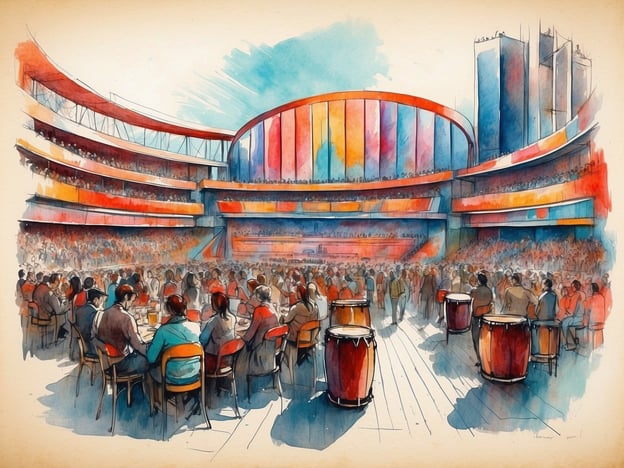 Auf dem Bild ist eine lebhafte Veranstaltung in einer großen Arena oder einem Veranstaltungsort zu sehen. Die Atmosphäre wirkt festlich, mit einer zahlreichen Menge von Menschen, die auf Sitzplätzen sitzt. Vor der Bühne befinden sich Trommeln, was darauf hindeutet, dass möglicherweise Musik oder Tanz im Mittelpunkt der Veranstaltung steht.
Solch ein Setting erinnert an Festivals wie das Montreux Jazz Festival oder das Coachella Festival, wo Musik, Kunst und geselliges Beisammensein gefeiert werden. Zudem könnte es sich um eine kulturelle Veranstaltung handeln, bei der lokale Traditionen und Darbietungen präsentiert werden. Die lebhaften Farben und die große Menschenmenge verstärken das Gefühl von Gemeinschaft und Feierlichkeit.
