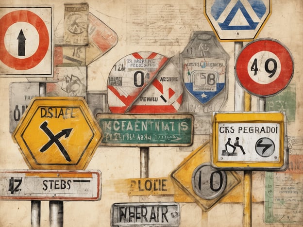 Auf dem Bild sind verschiedene Verkehrszeichen zu sehen, die möglicherweise typische Merkmale von Verkehrsregeln und -schildern in Südafrika darstellen könnten. Zu den besonderen Verkehrszeichen, die man dort häufig findet, gehören:1. **Geschwindigkeitsbegrenzungen**: Schilder, die die maximal erlaubte Geschwindigkeit anzeigen, z.B. „Speed Limit 60 km/h“.2. **Vorsicht-Signale**: Schilder, die Autofahrer vor Gefahren wie plötzlichen Kurven oder Baustellen warnen.3. **Fußgängerüberwege**: Schilder, die darauf hinweisen, dass Fußgänger die Straße überqueren könnten.4. **Kreisverkehre**: Hinweise auf das Vorhandensein eines Kreisverkehrs mit entsprechenden Regeln für die Vorfahrt.5. **Hinweis auf Wildtiere**: Schilder, die Autofahrer vor der Gefahr warnen, dass Wildtiere die Straße überqueren können.Die Vielfalt der Schilder auf dem Bild könnte verschiedene Straßen- und Verkehrsbedingungen abdecken, die in Südafrika wichtig sind.