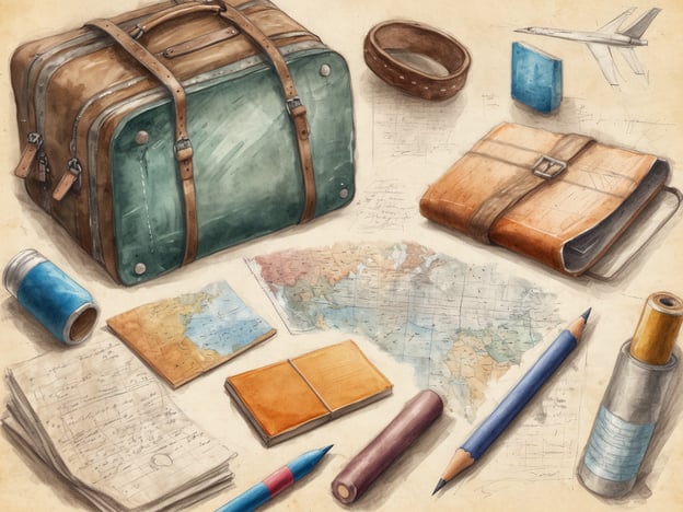 Auf dem Bild sind verschiedene Reiseutensilien zu sehen, darunter ein Koffer, Karten, Notizblätter, Stifte und ein paar andere Gegenstände.Hier sind einige praktische Tipps für die Reisevorbereitung:1. **Packliste erstellen**: Schreibe vor der Reise eine Packliste, um sicherzustellen, dass du nichts Wichtiges vergisst.2. **Reiseführer und Karten**: Lade dir Offline-Karten auf dein Smartphone herunter oder bringe Papierkarten mit, falls du keinen Internetzugang hast.3. **Wichtige Dokumente**: Halte Kopien deiner Reisepässe, Visa und Reiseunterlagen bereit und bewahre sie getrennt von den Originalen auf.4. **Notizbuch**: Nutze ein Notizbuch, um wichtige Informationen wie Adressen, Telefonnummern und persönliche Eindrücke festzuhalten.5. **Koffer organisieren**: Verwende Packing Cubes oder Beutel, um deine Kleidung und andere Artikel zu organisieren.6. **Auf das Wetter achten**: Überprüfe die Wettervorhersage für dein Reiseziel und packe entsprechend.7. **Gesundheit und Sicherheit**: Packe notwendige Medikamente, eine erste-Hilfe-Ausrüstung und deinen Hygieneartikel.Mit einer guten Vorbereitung kannst du deine Reise stressfreier gestalten!