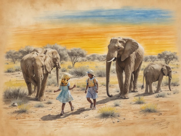Auf dem Bild sind Elefanten in einer natürlichen Umgebung zu sehen, zusammen mit zwei Kindern, die fröhlich umherlaufen. In Südafrika gibt es viele kinderfreundliche Aktivitäten, die mit solchen Szenen verbunden sind:1. **Tierbeobachtungen:** Kinder können in Nationalparks wie dem Kruger Nationalpark Elefanten und andere wilde Tiere in ihrem natürlichen Lebensraum beobachten.2. **Safari-Touren:** Familiensafaris bieten spannende Abenteuer und lehrreiche Erfahrungen über die Tierwelt.3. **Besuch von Tierschutzprojekten:** Viele Organisationen bieten Programme, bei denen Kinder mehr über den Schutz von Elefanten und anderen Tieren lernen können.4. **Naturspaziergänge:** Geführte Wanderungen in der Natur fördern das Interesse an Flora und Fauna.Diese Aktivitäten machen nicht nur Spaß, sondern sind auch lehrreich und fördern das Bewusstsein für den Naturschutz.