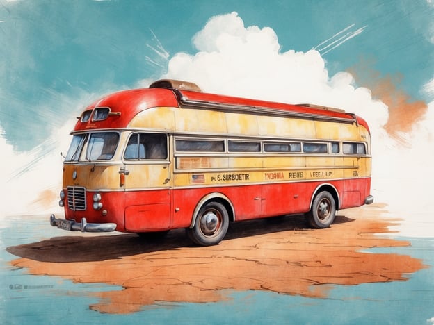 Auf dem Bild ist ein farbenfroher, nostalgischer Reisebus zu sehen, der in einem orange-braunen Wüstensand steht. Der Bus hat eine gelbe und rote Farbgebung und wirkt sehr individuell, möglicherweise aus den 1960er oder 1970er Jahren.
### Praktische Informationen für Besucher:
- **Fotomöglichkeiten**: Der Bus eignet sich hervorragend für Fotos, insbesondere vor einer malerischen Kulisse.
- **Ort**: Suchen Sie nach Angeboten oder Veranstaltungen, die Oldtimer-Busse ausstellen, um diesen und ähnliche Busse zu sehen.
- **Öffnungszeiten**: Informieren Sie sich im Voraus über die Öffnungszeiten von Museen oder Ausstellungen, die solche Fahrzeuge zeigen.
- **Führungen**: Einige Veranstaltungen bieten Führungen an, wo Sie mehr über die Geschichte des Busses und seiner Zeit erfahren können.