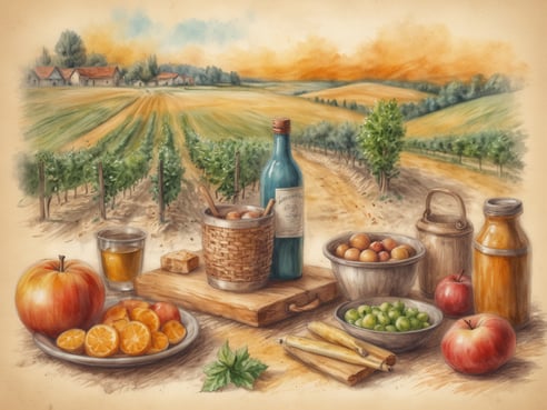 Auf dem Bild sind kulinarische Genüsse in einer ländlichen Umgebung zu sehen. Im Vordergrund befinden sich verschiedene Obstsorten, darunter Äpfel und mandarinenartig aussehende Früchte, die auf einem Teller angerichtet sind. Daneben steht ein Glas mit einem klaren Getränk und ein kleiner Würfel Käse. In der Mitte stehen eine korbförmige Schüssel mit Nüssen und eine Flasche Wein, während im Hintergrund eine malerische Landschaft mit Weinreben sowie einigen Häusern zu sehen ist. Diese Szene strahlt den Charme der ländlichen Region rund um Oberpullendorf aus.