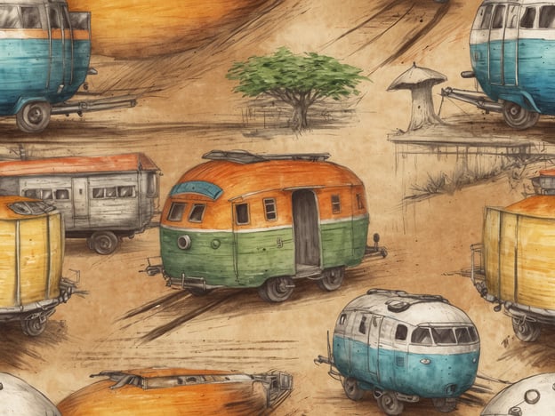 Auf dem Bild sind verschiedene farbige Campingwagen und Wohnmobile zu sehen, die auf einer trockenen, sandigen Fläche angeordnet sind. Die Motive scheinen in einem handgezeichneten Stil gestaltet zu sein, mit sanften Farben und skizzenhaften Details.Im Kontext von nachhaltigem Reisen an der Wild Coast können solche Fahrzeuge die Freiheit und Flexibilität symbolisieren, die man beim Erkunden von unberührten Landschaften hat. Sie erlauben es Reisenden, abseits der ausgetretenen Pfade zu campen und die Natur in ihrer reinsten Form zu genießen, während man gleichzeitig auf eine umweltfreundliche Art unterwegs ist.