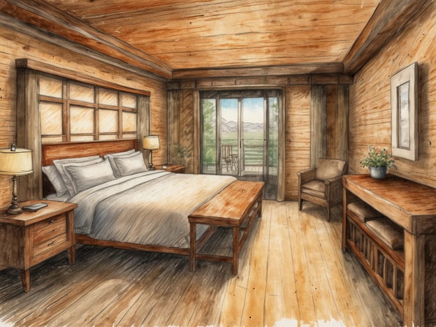 Das Bild zeigt ein stilvolles und modernes Zimmer mit einer warmen, holzverkleideten Inneneinrichtung. Im Mittelpunkt steht ein großes Bett mit mehreren Kissen, flankiert von Nachttischen mit lampen. Die Umgebung wirkt freundlich und einladend, mit einem Fenster, das einen Blick auf die Natur eröffnet.
Diese Art von Luxusausstattung an Bord eines Zuges könnte eine entspannende Atmosphäre mit viel Komfort bieten. Elemente wie die hochwertige Holzverkleidung, die sanfte Beleuchtung und die stilvolle Einrichtung vermitteln ein Gefühl von Eleganz und Gemütlichkeit, das die Reiseerfahrung auf ein neues Niveau hebt.