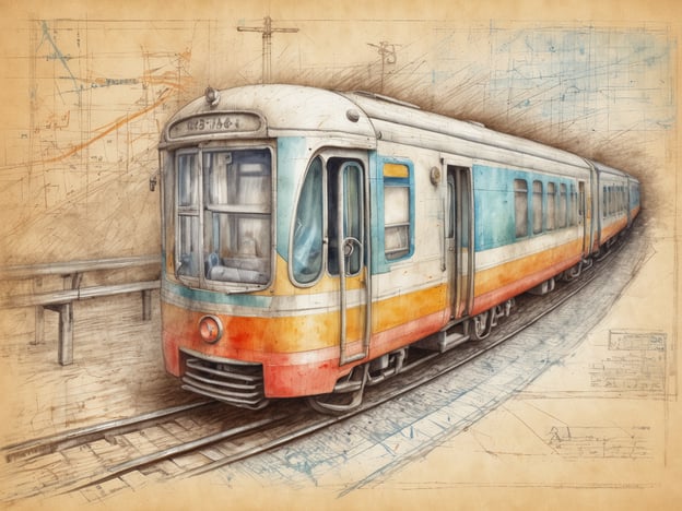 Auf dem Bild ist eine künstlerische Darstellung eines Zuges zu sehen, der auf den Gleisen steht. Der Zug hat eine bunt gestaltete Außenfarbe und scheint an einem Bahnhof oder einem Haltepunkt zu sein, ergänzt durch technische Zeichnungen im Hintergrund.Wenn du deinen Roadtrip planst, könntest du überlegen, wie du von einem Ort zum anderen reist. Vielleicht möchtest du auch Zugreisen in Betracht ziehen, um mal eine andere Perspektive zu erfahren. Überlege dir, welche Städte oder Landschaften du besuchen möchtest und ob eine Kombination aus Auto- und Zugreisen dein Erlebnis bereichern könnte.