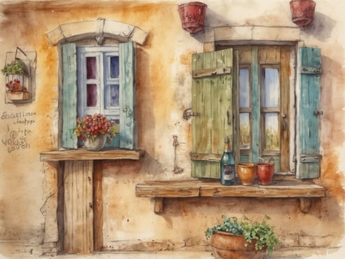 Eine malerische Hauswand mit blauen und grünen Fensterläden, die leicht geöffnet sind. Vor einem der Fenster steht ein blühender Topf mit roten und grünen Pflanzen. Auf der Holzbank unter dem Fenster befinden sich eine Flasche Wein und zwei Tontöpfe, die harmonisch zur ländlichen Umgebung passen. Über der Fensterbank sind hängende Blumentöpfe angebracht, die zusätzliches ländliches Flair verleihen. Die sanften Farben und die rustikale Atmosphäre schaffen ein Gefühl von Weingenuss und dörflicher Idylle am Neusiedler See.
