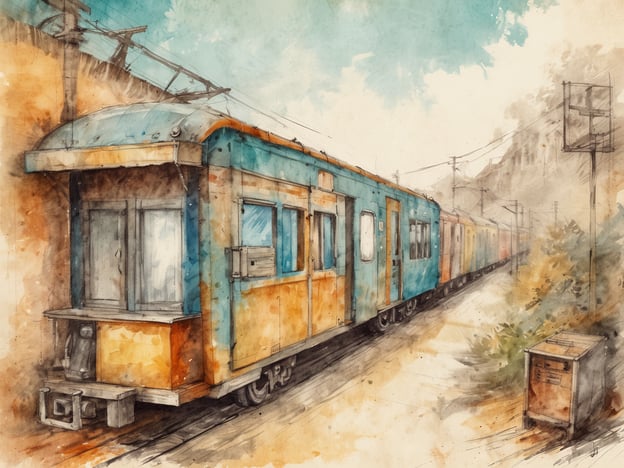 Auf dem Bild ist eine künstlerische Darstellung eines Zuges zu sehen, der an einem Gleis steht. Die Wagen sind in verschiedenen Farben, vor allem in Orange und Blau, und haben einen etwas verwitterten Eindruck. Es könnten sich in der Nähe des Bahnhofs einige Unterkünfte befinden, die für Reisende oder Passanten geeignet sind, etwa kleine Gästehäuser oder Herbergen.Der Transport vor Ort wird hauptsächlich durch den Zug gewährleistet, der eine wichtige Verbindung zwischen verschiedenen Orten darstellen könnte. Zudem sind die Stromleitungen auf dem Bild zu sehen, die für den Betrieb des Zuges erforderlich sind. Insgesamt vermittelt das Bild eine ruhige, nostalgische Atmosphäre.