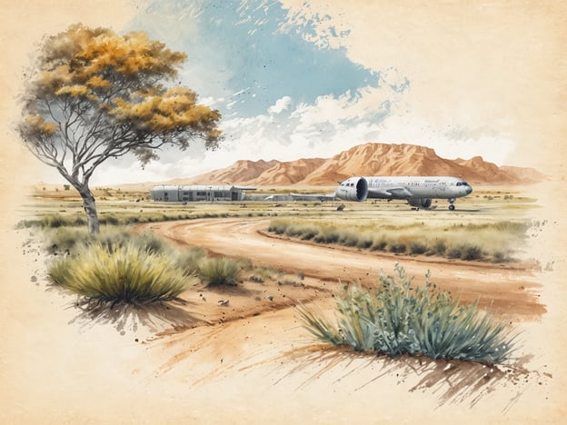 Auf dem Bild ist eine künstlerische Darstellung einer wüstenhaften Landschaft zu sehen, in der sich eine Landstraße und ein Flugzeug befinden. Im Hintergrund sieht man Berge und einen Baum. Die Szenerie vermittelt ein Gefühl von Weite und Ruhe.Die Flugzeit nach Südafrika variiert je nach Abflugort. Beispielsweise beträgt die Flugzeit von Frankfurt nach Johannesburg etwa 10 bis 11 Stunden.