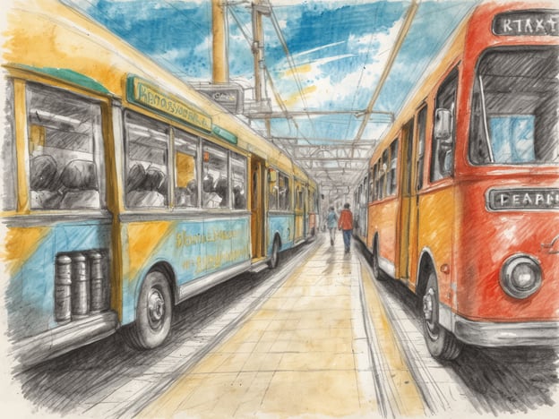 Auf dem Bild sind zwei Busse in einem Innenbereich zu sehen, wahrscheinlich an einer Haltestelle oder einem Bahnhof. Ein gelber Bus und ein orangefarbener Bus stehen nebeneinander, während einige Fahrgäste in den Bussen sitzen. Eine Person in roter Kleidung geht zwischen den Bussen hindurch. Der Himmel ist blau und es gibt Lichtquellen, die auf die Szene scheinen.
**Allgemeine Sicherheitstipps:**
1. **Achten Sie auf Ihre Umgebung**: Halten Sie Ausschau nach anderen Passagieren und möglichen Gefahren.
2. **Warten Sie, bis der Bus vollständig steht**: Stellen Sie sicher, dass der Bus angehalten hat, bevor Sie ein- oder aussteigen.
3. **Behalten Sie Ihr Eigentum im Auge**: Achten Sie darauf, dass Ihre Wertsachen sicher und nah bei Ihnen sind.
4. **Fahren Sie sicher**: Tragen Sie immer einen Sicherheitsgurt, wenn dies erforderlich ist.