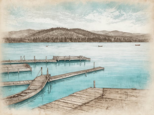 Am türkisblauen Faak am See sind hölzerne Stege und Boote zu sehen, die sanft auf dem Wasser schwimmen. Die umliegenden Berge und der klare Himmel verleihen der Szene eine ruhige Atmosphäre. Das Wasser glitzert im Sonnenlicht, während sich die Konturen der Natur im Hintergrund harmonisch abzeichnen. Die gesamte Darstellung strahlt eine friedliche und einladende Stimmung aus, die typisch für das internationale Flair bei einem Harley-Treffen ist.