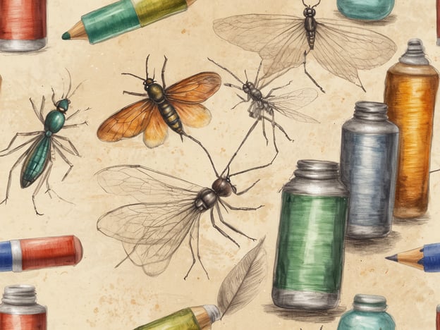 Auf dem Bild sind verschiedene Insekten, darunter Mücken und andere Fluginsekten, sowie einige Flaschen und Stifte abgebildet.Wie kann man sich sonst noch vor Malaria schützen? Neben der Verwendung von Insektenschutzmitteln kann man sich auch durch das Tragen von langen Ärmeln und Hosen schützen, das Schlafen unter einem Moskitonetz sowie das Vermeiden von stehendem Wasser, wo Mücken brüten. Zudem sollte man bei Reisen in Malariagebiete ärztlichen Rat einholen und eventuell prophylaktische Medikamente einnehmen.