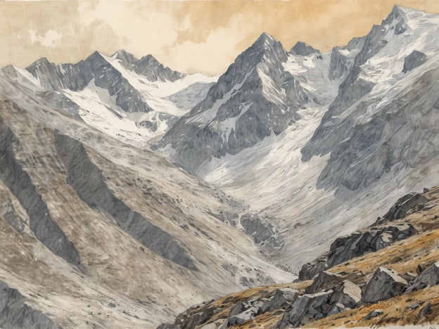 Eine atemberaubende Berglandschaft am Fuße des Großglockners zeigt schneebedeckte Gipfel, die sich gegen einen hellen Himmel abheben. Im Vordergrund verlaufen steinige Hänge und karge, goldene Gräser. Die sanften Täler bieten einen kontrastierenden Blick auf die rauen Felsen und das glitzernde Eis der Berge, während nördlich ansteigende Gipfel die majestätische Kulisse bilden. Diese spektakuläre Kulisse verkörpert die beeindruckende Schönheit der Alpenregion.