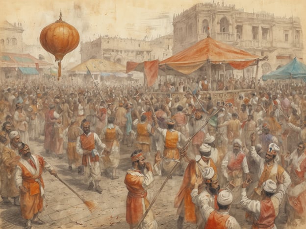 Auf dem Bild ist eine lebhafte Menschenmenge zu sehen, die an einem festlichen Ereignis oder einem Markt teilnimmt. Die Herren tragen traditionelle indische Kleider, häufig in leuchtenden Farben wie Orange und Weiß, was auf Celebrations in vielen indischen Kulturen hinweist.Einige Personen scheinen an einer Art Tanz oder festlichen Aktivität beteiligt zu sein, begleitet von musikalischen Elementen. Solche Versammlungen könnten an Festen wie dem Diwali-Festival oder anderen kulturellen Feierlichkeiten stattfinden, bei denen Gemeinschaftssinn und Freude im Vordergrund stehen.Im Hintergrund sind typische Marktstände und eine große Laterne zu sehen, die möglicherweise den festlichen Anlass symbolisieren. Solche Details reflektieren die Vielfalt indischer Traditionen, wo örtliche Feste oft mit einer Mischung aus Musik, Tanz, Nahrung und Kunst verbunden sind.