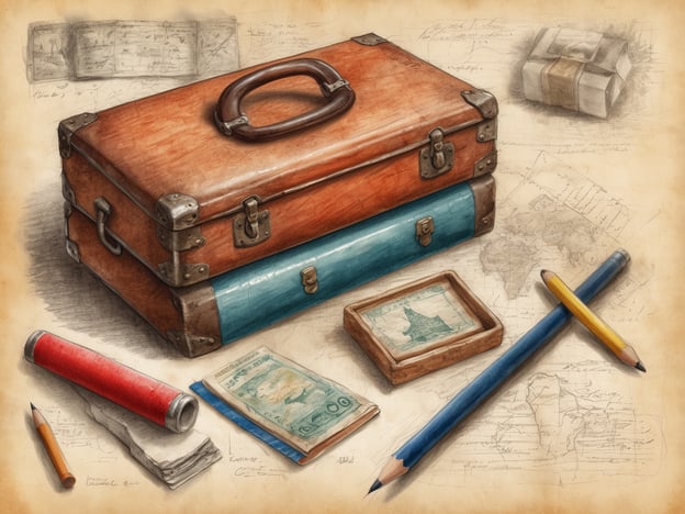 Auf dem Bild ist ein vintage Koffer zu sehen, der zusammen mit verschiedenen Reiseutensilien und -dokumenten arrangiert ist, darunter eine Rolle rotes Garn, Bleistifte, ein kleiner Rahmen und einige Notizen.Hier sind einige praktische Reisetipps:1. **Checkliste für das Gepäck:** Bevor du packst, erstelle eine Liste, um sicherzustellen, dass du alles Notwendige dabei hast.2. **Reisedokumente:** Halte alle wichtigen Dokumente wie Reisepass, Tickets und Buchungsbestätigungen an einem sicheren Ort, idealerweise digital und auf Papier.3. **Packtaktik:** Lege schwere Gegenstände unten und verwende den Platz im Koffer effizient, indem du kleine Dinge in Schuhen oder Taschen verstaust.4. **Gewichtskontrolle:** Wiege dein Gepäck zu Hause, um sicherzustellen, dass du die Gewichtsbeschränkungen der Fluggesellschaften nicht überschreitest.5. **Nützliche Utensilien:** Ein kleiner Notizblock oder ein Skizzenbuch kann während der Reise nützlich sein, um Gedanken oder Erinnerungen festzuhalten.6. **Kleine Geschenke:** Denke daran, Platz für kleine Souvenirs oder Geschenke zu lassen, die du während deiner Reise kaufen möchtest.