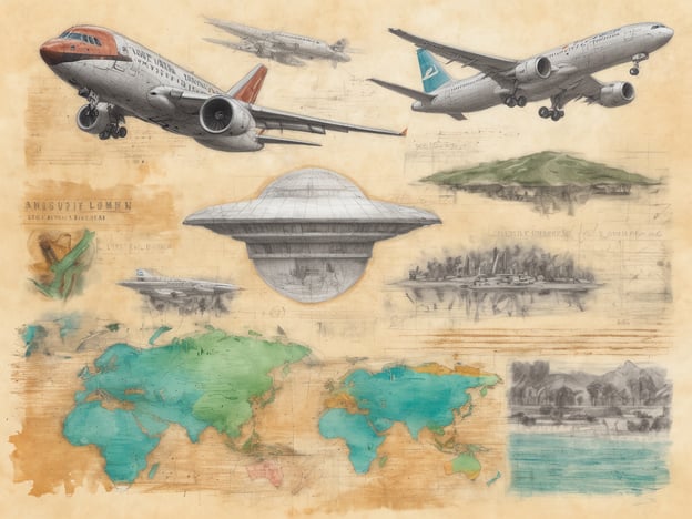 Das Bild zeigt eine künstlerische Collage von verschiedenen Flugzeugen, darunter moderne und historische Modelle. Zusätzlich ist ein schematisches UFO abgebildet, sowie verschiedene geografische Elemente, wie Karten und Landschaften. Diese Darstellung kombiniert technische Zeichnungen mit einer kreativen Interpretation von Luftfahrt und vielleicht auch futuristischen Konzepten.Zum Schutz von Umwelt und Luftfahrt könnten Programme zur Emissionsreduzierung und nachhaltigen Energiequellen in der Luftfahrt gefördert werden, um die negative Auswirkung auf die Umwelt zu minimieren.
