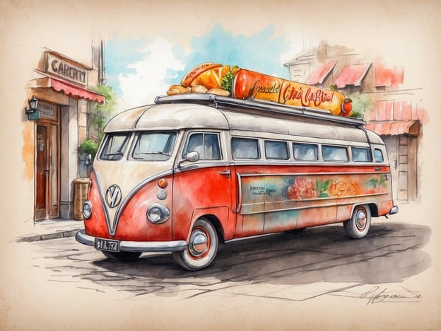 Auf dem Bild ist ein nostalgischer VW-Bus zu sehen, der als mobile Essensbude gestaltet ist. In den Tivoli-Gärten gibt es ebenfalls viele kulinarische Highlights, darunter:
1. **Dänische Hotdogs**: Besonders beliebt sind die klassischen Hotdogs mit verschiedenen Belägen.
2. **Eiscreme**: Eine große Auswahl an köstlichen Eissorten – perfekt für einen warmen Tag.
3. **Skandinavische Delikatessen**: Von frischem Fisch bis zu schmackhaften Gerichten aus der regionalen Küche.
4. **Konditoreiwaren**: Süße Leckereien, die frisch zubereitet werden und oft die traditionelle dänische Backkunst widerspiegeln.
Der VW-Bus könnte also perfekt in dieses kulinarische Ambiente passen!