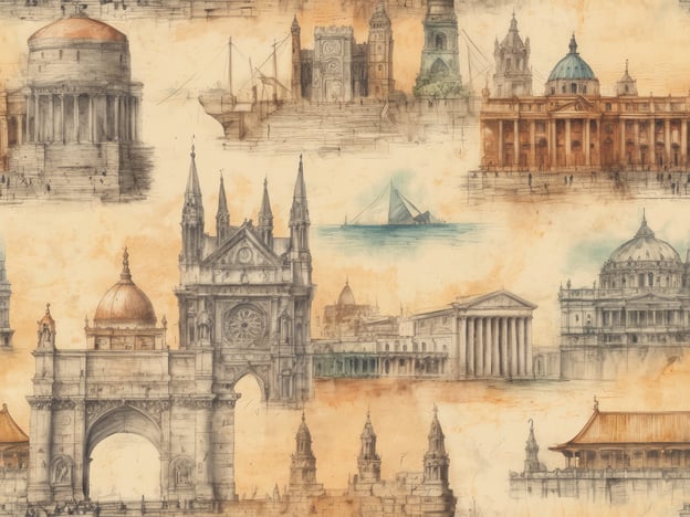 Das Bild zeigt eine Collage aus verschiedenen berühmten architektonischen Wahrzeichen und symbolischen Gebäuden aus der ganzen Welt. Zu den kulturellen Highlights gehören unter anderem:
1. **Victoria Memorial** – Ein prächtiges Denkmal in Kalkutta, Indien.
2. **Big Ben** – Der ikonische Uhrturm in London, der oft als Symbol für die Stadt gilt.
3. **St. Petersbasilika** – Eine der größten und bedeutendsten Kirchen der Welt, gelegen im Vatikan.
4. **Taj Mahal** – Ein weltberühmtes Mausoleum in Agra, Indien, bekannt für seine atemberaubende Architektur.
5. **Parlament in London** – Ein weiteres markantes Bauwerk, das oft mit der britischen Regierung assoziiert wird.
6. **Das Brandenburger Tor** – Ein bekanntes Wahrzeichen in Berlin, das für die Einheit Deutschlands steht.
7. **Pagoden** – Diese zeigen die asiatische Baukunst, oft in Verbindung mit buddhistischen Tempeln.
Die Zeichnungen sind in einem skizzenhaften Stil gehalten und vermitteln eine nostalgische Atmosphäre, die zur Wertschätzung der kulturellen Vielfalt einlädt.