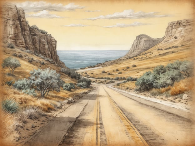 Auf dem Bild ist eine malerische Landschaft zu sehen, die eine kurvenreiche Straße zeigt, die zwischen sanften Hügeln und dem Meer verläuft. Umgeben von vegetationsarmen Hügeln und einigen Sträuchern wirkt die Szenerie sehr idyllisch und einladend. Diese Art von Umgebung eignet sich hervorragend für Roadtrips zu den besten Reiserouten.Eine solche Strecke könnte beispielsweise entlang der Küstenstraßen Kaliforniens führen, wo man atemberaubende Ausblicke auf den Pazifischen Ozean genießen kann. Die Reise könnte Halt machen an kleinen Küstenstädten, Nationalparks und wunderschönen Stränden, ideal für Abenteuer und Erholung in der Natur.